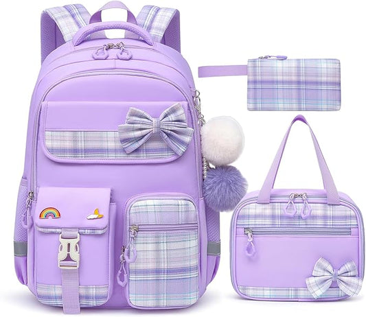 School Backpack for Girls Kids Bookbag for Elementary Middle School Casual Travel Daypack Teen Backpacks Purple Set