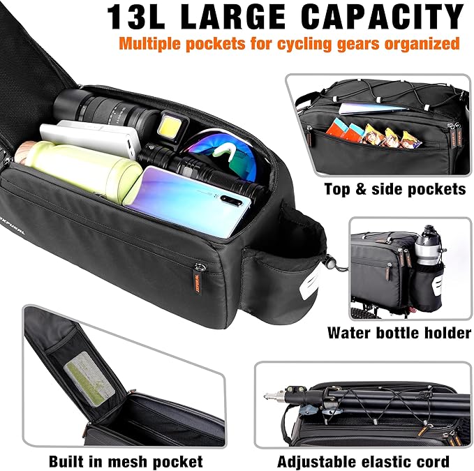 JXFUKAL Bike Bags for Bicycle Rear rack, 13L Supportive Bike Rack Bag Built-in Rigid side & Base Panel, Waterproof Reflective Ebike Trunk Pannier Saddle Seat Bag Carrier for Commuter Travel Outdoor