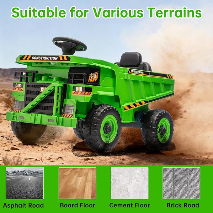 12V Ride On Construction Truck, Battery Powered Ride On Car with Remote Control, Kids Electric Vehicle with Shovel, Speaker, Green
