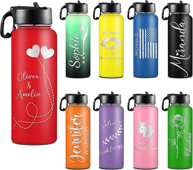 M YESCUSTOM Personalized Water Bottles with Straw Lid Custom Stainless Steel Sports Water Bottle with Name Thermos Double Wall Insulated Cup Customized Gifts for Women Men Kids School Travel Style 03