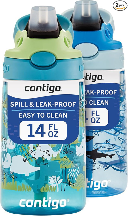 Contigo Aubrey Kids Dinos & Sharks Cleanable Water Bottle with Silicone Straw Spill-Proof Lid Dishwasher Safe 14oz 2-Pack