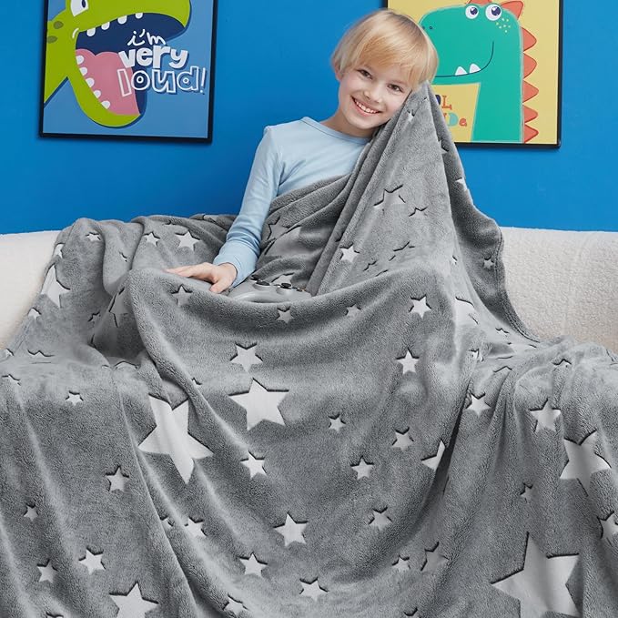 Glow in The Dark Star Blanket,Star Gifts Toys for Boys Girls, Birthday Presents Decor for Kids Age 3-14 Year Old Son Teen Child Toddler Luminous Christmas Bedroom Throw Blanket 50"x60"