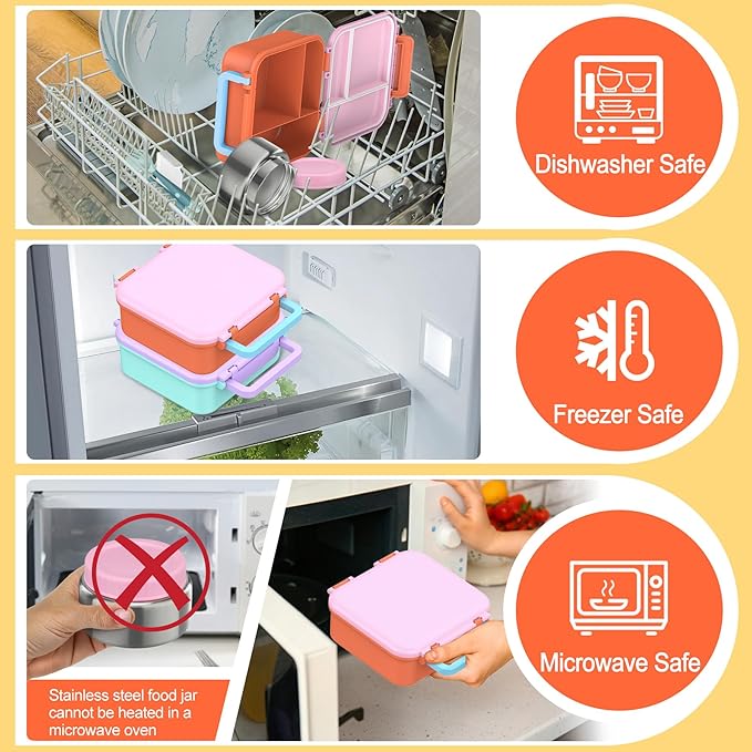 Bento Lunch Box for Kids with 9oz Thermo, Leak-proof Containers with 3 Compartments, Recommended Serving Sizes for Kids,Durable&Dishwasher Safe Lunch Box for School Outdoors-Orange