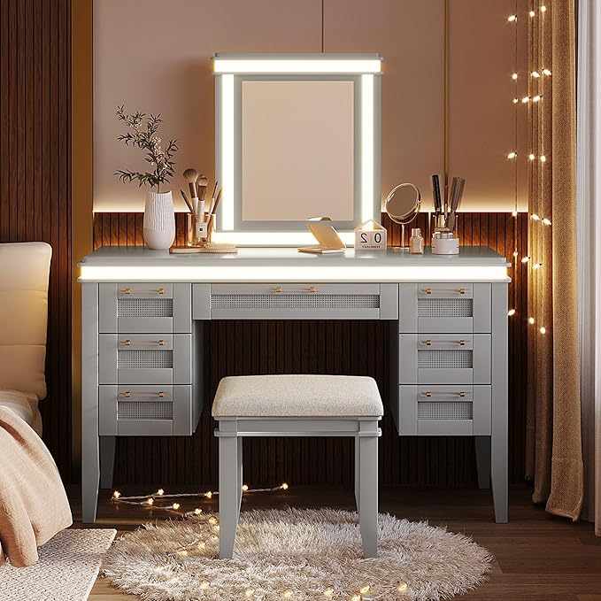LUMISOL Makeup Vanity Desk with Mirror and Lights, 3 Lighting Modes, 48" Vanity Table with 7 Bamboo Weave Drawers, Dressing Table Set with Cushioned Stool, Grayish Blue
