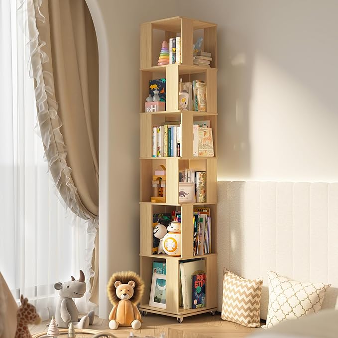 6 Tier Solid Wood Rotating Bookshelf Tower on Wheels, 360° Upgrade Spinning Book Shelf, Revolving Bookcase Organizer, Swivel Bookshelves for Small Spaces, Corner, Bedroom, Kids Room, Office (Natural)