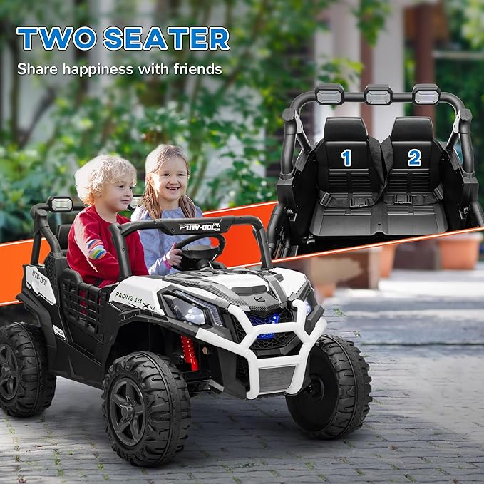 Qaba 24V 2 Seater Ride on Car, Electric Off-Road UTV Truck w/Parent Remote Control, Music, Lights, Ride on Toy for Kids Ages 3-8, White