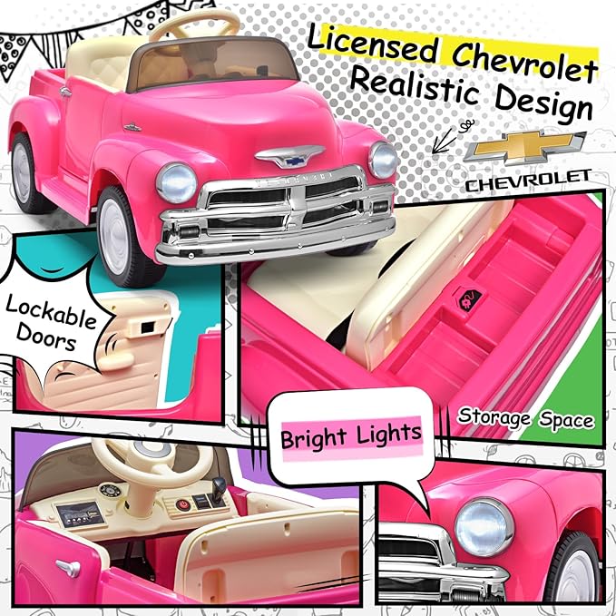 Joywhale 12V Kids Ride on Car Licensed Chevrolet 3100 Pickup Battery Powered Motorized Electric Car, with 7AH Big Battery, 2.4G Remote Control, 3-Speeds, Storage Space, Music, Retro Style, Pink