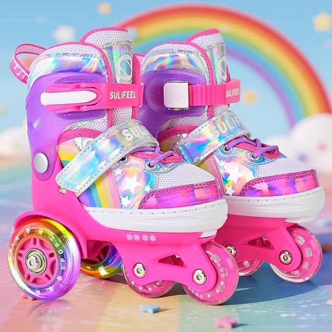 SULIFEEL Rainbow Unicorn 4 Size Adjustable Light up Roller Skates for Girls Boys for Kids