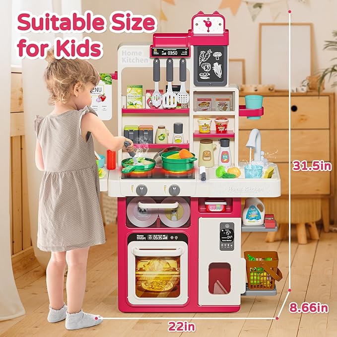 Letapapa Kids Pretend Play Kitchen Set, Kitchen Toys with Realistic Sound & Light, Cooking Stove, Sink, Play Food and Kitchen Accessories, Pretend Kitchen Playset Gifts for Toddlers Girls Boys(Red)