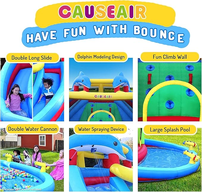 Inflatable Water Slide with Bounce House,Dolphin Styling,Splashing Pool,Double Water Cannon,Climbing Wall,Heavy Duty GFCI Blower,Inflatable Water Park Slide for Kids Backyard Summer