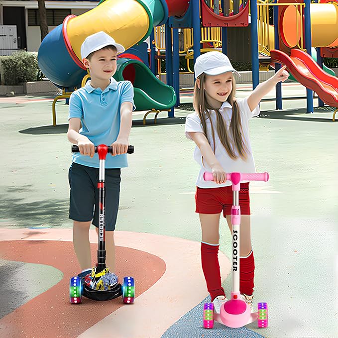 LENOGE Kids Scooter, Toddler Scooter with 3 Flashing LED Big PU Wheels Kick Scooter for Kids Folding Adjustable Height Kick Scooter Toys for Ages 3-6 Boys Girls