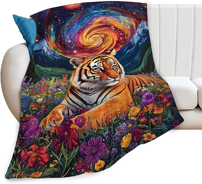 Tiger Blanket Starry Night Floral Animal Throw Blankets Gifts for Girls Boys Kids Tiger Lover Soft Cozy Fleece Plush for Couch Sofa Bed 50"x40"