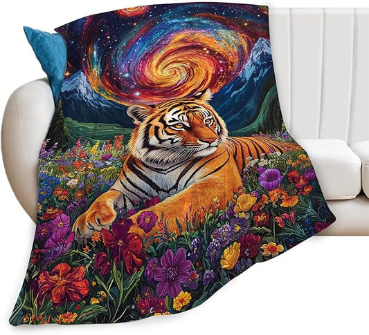Tiger Blanket Starry Night Floral Animal Throw Blankets Gifts for Girls Boys Kids Tiger Lover Soft Cozy Fleece Plush for Couch Sofa Bed 80"x60"