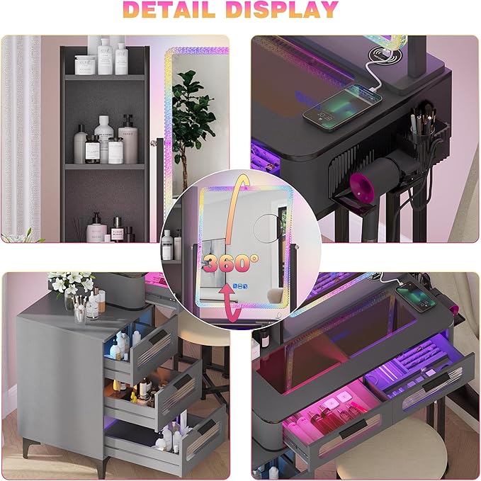 HNEBC Vanity with LED Mirror, Glass Top Dresser with Wireless Charging Station for Bedroom, Small Makeup Desk with 6 Drawers, Girls Dressing Table with Auto RGB Lighted for Christmas (5078-Grey)