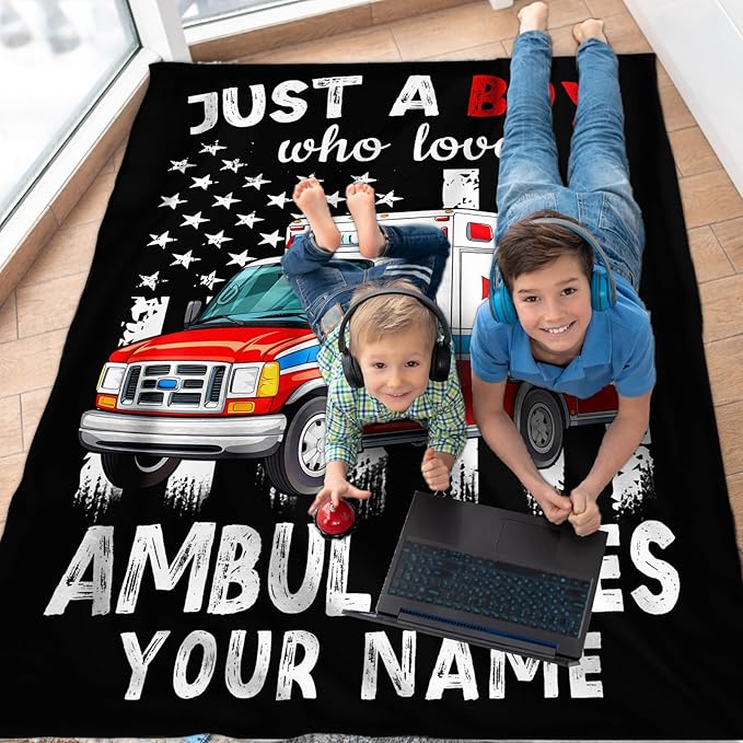 Personalized Boys Blanket Gifts with Name, Ambulances Throw Blankets for Kids Teens, 40x50 Inches Cute Throws for Sofa Couch Bed, Custom Gift for Truck Lovers