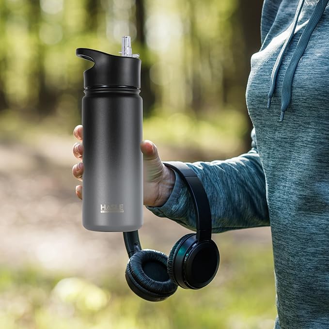 HASLE OUTFITTERS Insulated Water Bottle 16 oz Double Wall Vacuum Stainless Steel Water Bottle kid Leak Proof for School Wide Mouth with Straw Lid & Spout Lid Keeps Cold and Hot(Black and Gray,4pack)
