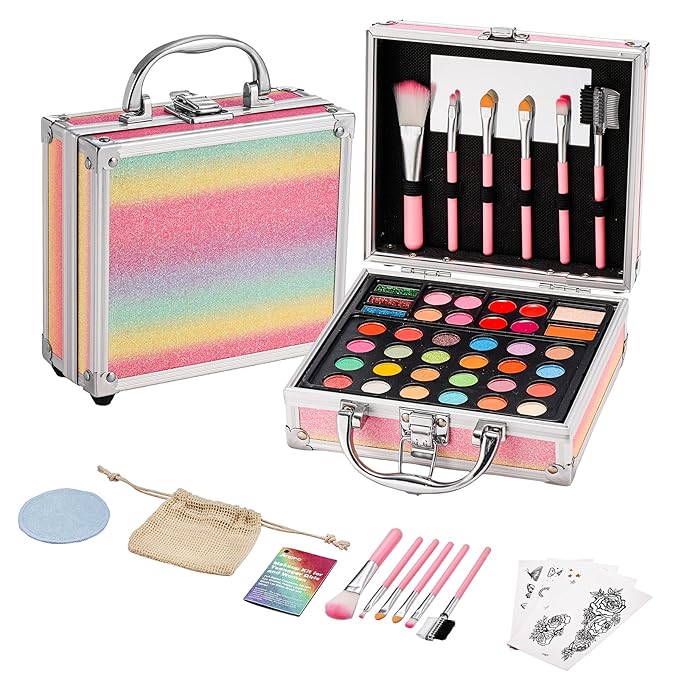 Anpro All-In-One Makeup Kit for Girls 10-12 with Case, Pro Teen Makeup Set, Tween Makeup Kit, Full Starter Make Up Kit with Brushes, Eyeshadow Palette, Blushes, Glitter Gel, Temporary Tattoo Stickers