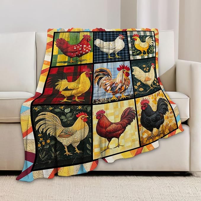 Rooster Blanket, Chicken Throw Blanket, Farmhouse Rooster Gifts Blankets Stuff Fleece Flannel Plush for Women Men Boys Girls Lovers Adults Soft Bedding Gift for Sofa Bed Office Home Decor 80"x60"