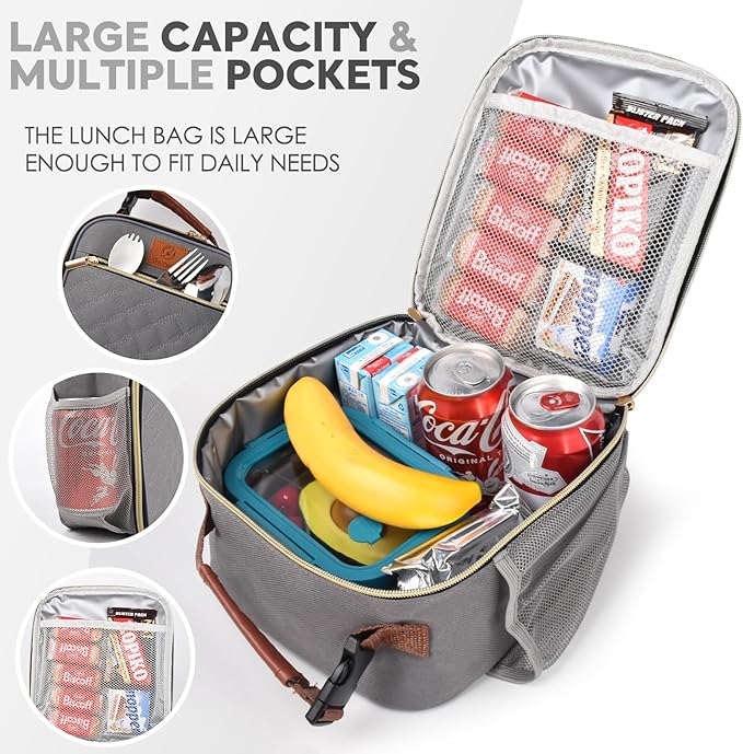 Genteen Lunch Box Reusable Lunch Bag for Men Women Kids Adults,Insulated Lunch Bag Waterproof Lunch Box Cooler,Small LunchBox With Side Pockets for Work Office School Travel Picnic -Gray