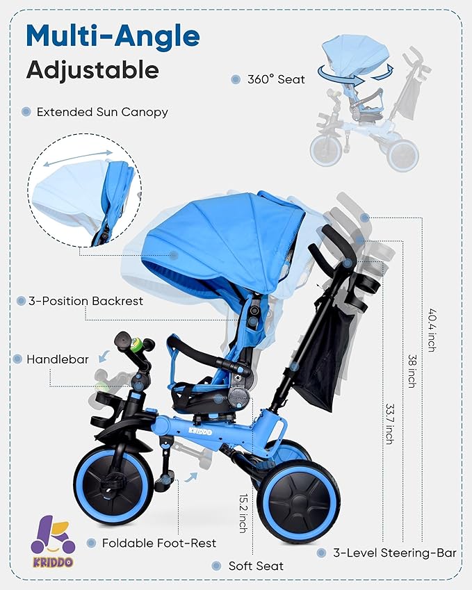 KRIDDO 8-in-1 Foldable Tricycle Stroller for Toddlers 18 Months to 5 Years, 5-Point Seatbelt, 1-Step Brake Pedal, Extended Canopy, Triple Footrest, Safety Rearview Window, Detachable Guardrail, Blue