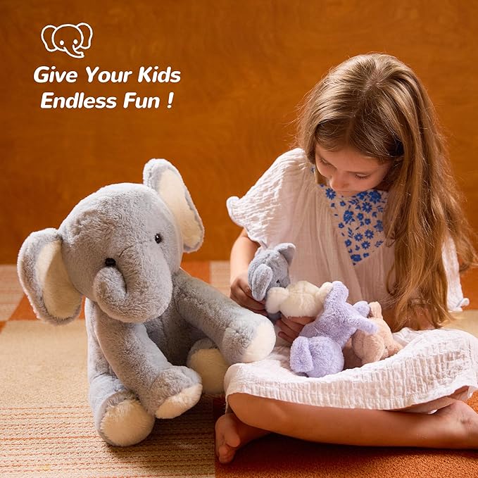 5 Pieces Elephant Stuffed Animals for Girls, 1 Mommy Elephant with 4 Babies Soft Plush Set Toys Gifts for Kids Children 3 4 5 6 7 8 9 Years, Christmas, Birthday, Children's Day