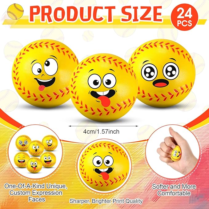 24 Pcs Mini Face Stress Balls for Boys Girls Fidget Toys Bulk Foam Balls for Stress and Anxiety Relief Balls for Party Favors Birthday Gift Decoration(Softball)