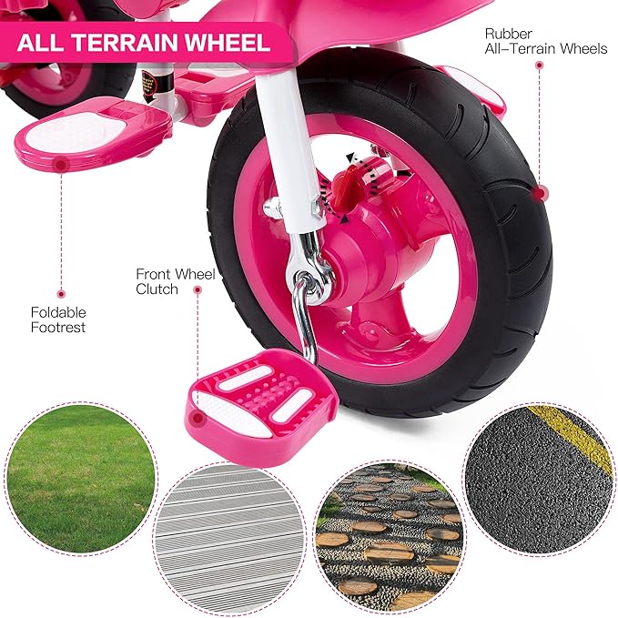 JMMD Baby Trike, 6-in-1 Kids Tricycle with Adjustable Push Handle, Removable Canopy, Safety Harness for 18 Months - 5 Year Old, Pink