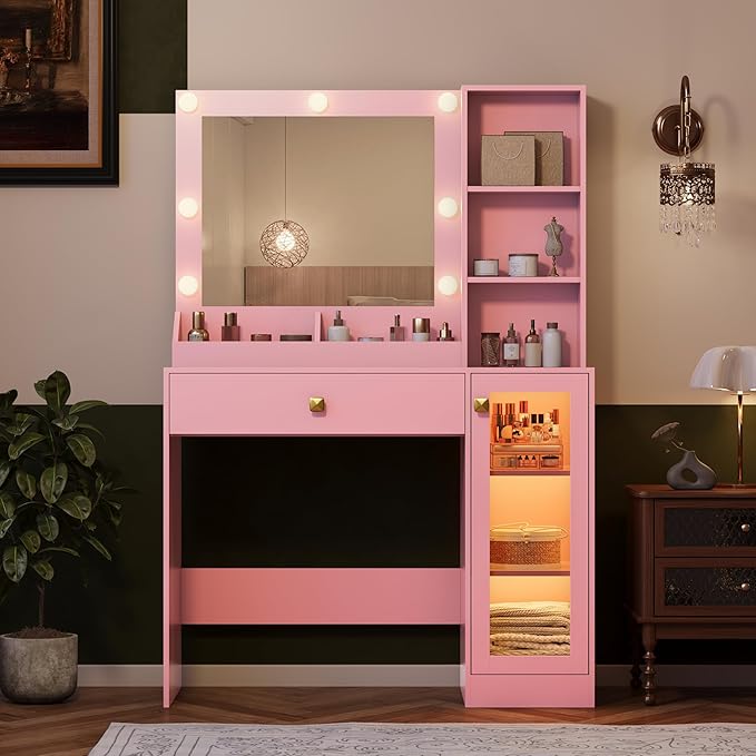 Makeup Vanity with Mirror and Lights & Power Outlet, 34'' Small Vanity Desk with Drawers and Storage Cabinet & Makeup Tray, Dressing Table for Girls Bedroom Dressing Room, Pink