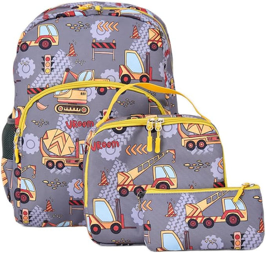 Cokouchyi 3 Pcs Kids Backpack Set with Lunch Box & Pencil Case, Lightweight Preschool Backpack for Boys Age 3-8, Kids Book bag Elementary, Truck Car
