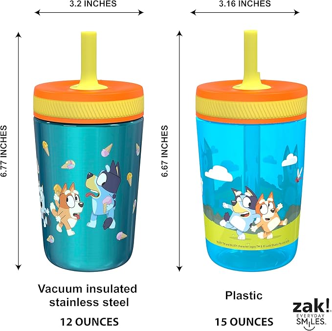 Zak Designs Bluey Kelso Tumbler Set, Leak-Proof Screw-On Lid with Straw, Bundle for Kids Includes Plastic and Stainless Steel Cups with Bonus Sipper, 3pc Set