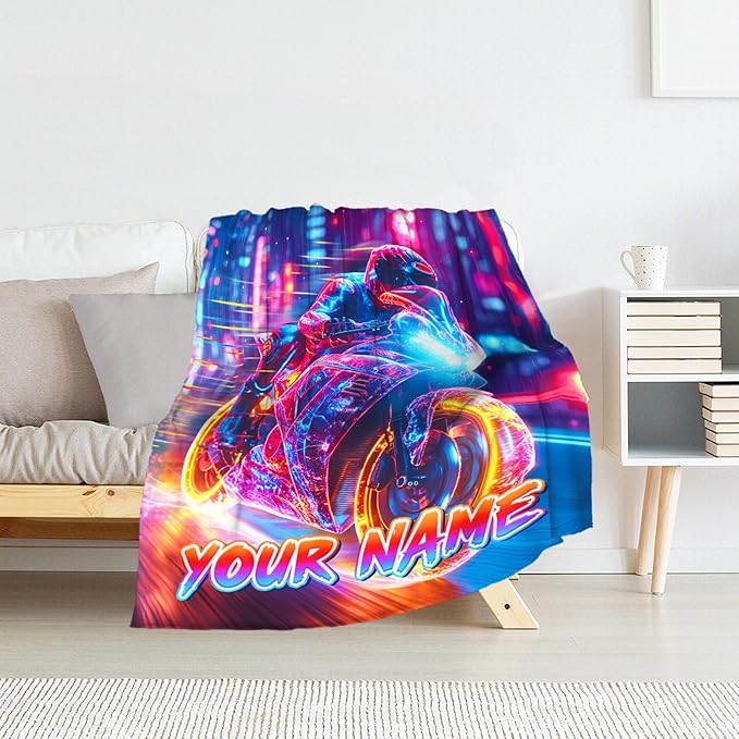 Personalized Kids Boys Blanket for Motorcycle Lovers - Warm Throw Adult Blanket Gift for Bed, Couch, Room