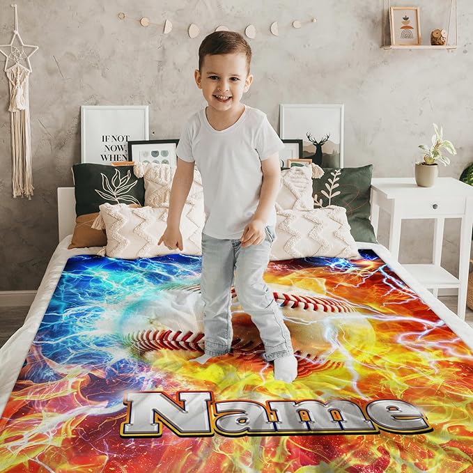 Baseball Blanket for Kids Boys 1-3, Personalized Name 40x30 Inches Small Soft Warm Cozy Custom Sports Stuff Throws Accessories Gifts for Sofa Chairs