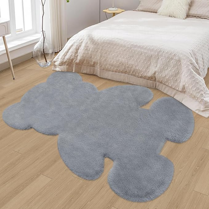 4.6x6 ft Grey Bear Soft Fluffy Large Rug, Shaggy Faux Sheepskin Fur Rug Fuzzy Shag Area Rug Cute Plush Carpet for Nursery Kids Girls Bedroom Room Aesthetic Living Room Floor Home Decor, Grey