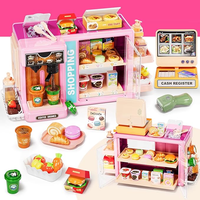 Kids Grocery Store Playset, Pretend Play Store with Kids Cash Register Scanner, Play Coffee Maker, Toy Foods,Play Money, Luxury Supermarket Toy Set, Preschool Toys for Kid Girls Gifts