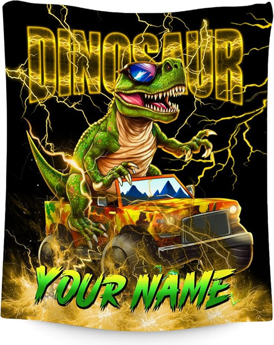 Boys Blanket Personalized Dinosaur Blankets Gifts for Kids, Lightweight Fluffy Cozy Toddlers Throw for Couch Sofa (4 Sizes)