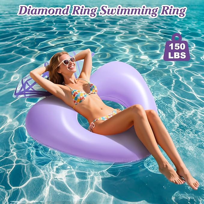 HeySplash Pool Floats, Inflatable Diamond Ring Pool Float, Large Engagement Ring Floatie for Bachelorette Party, Heart Shaped Swim Tube River Lake Beach Bride Wedding Decor Fun Toy Raft Adults, Purple