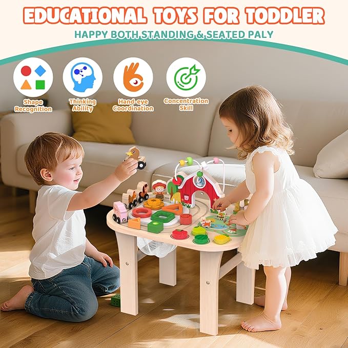 Activity Table for 1 Year Old, Baby Wooden Sensory Table with Bead Maze Shape Sorter Train Track for Toddler, Farm Montessori Toy Activity Center Educational Learning Toys for Kid 12+ Months (Natural)