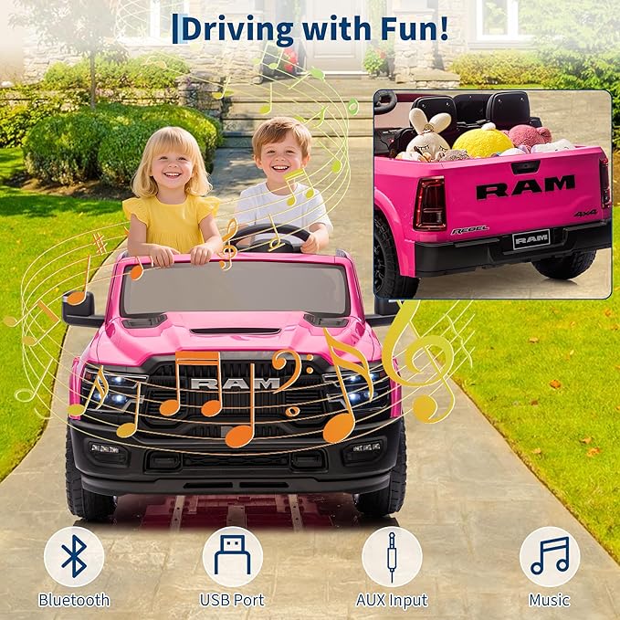 24V Ride on Car Licensed RAM 2500, 2 Seater Ride on Car for Kids w/Remote Control, Toddler Electric Car w/Truck Bed, 3 Speed, LED Lights, Bluetooth, Suspension, Gifts for Boys Girls, Pink