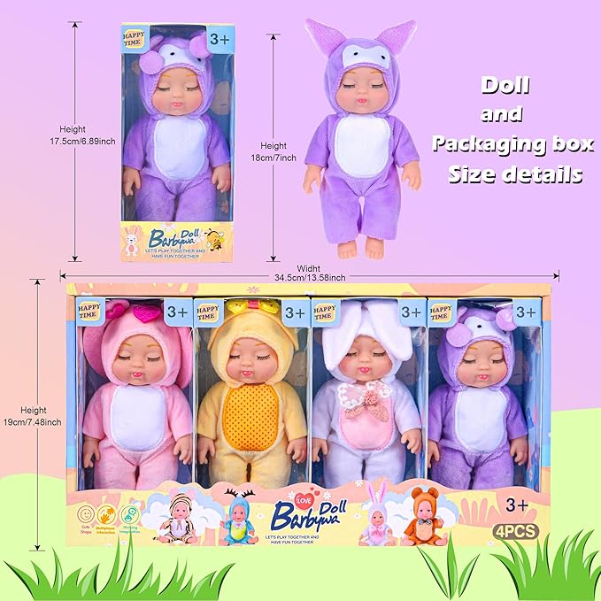 4 Pcs 7 Inch Baby Dolls with Adorable Animal-Themed Outfits - Cute PVC Infant Figurines Set in Yellow Chick, White Bunny, Pink Bunny & Purple Koala Costumes - Gift for Girls 3+