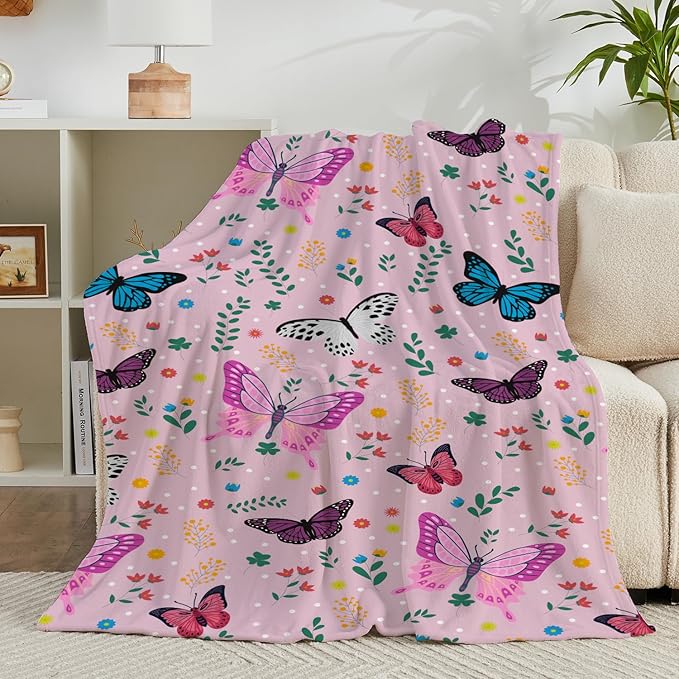 Wajade Butterfly Throw Blanket for Girls Teens Women Pink Soft Fuzzy Flannel Bed Blanket for Couch Sofa Bedroom Plush Colorful Flowers Blankets 60”x80”