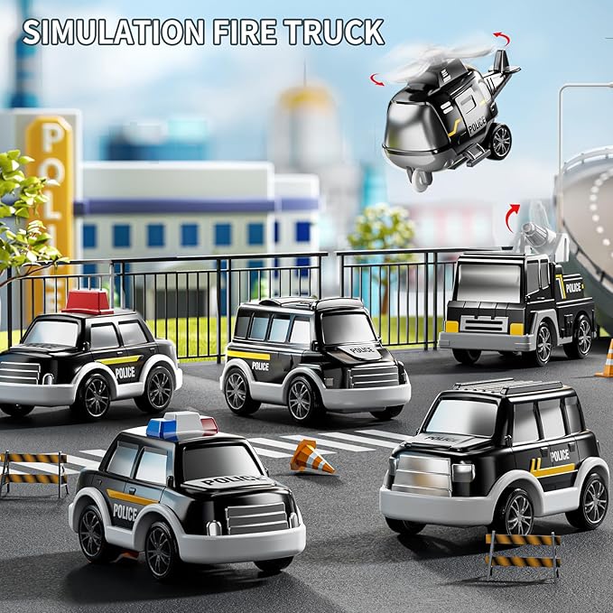 Police Truck Toy for 3-9 Years Old Boys & Girls - 7 in 1 Black Carrier Vehicle Set with 5 Toy Cars & 1 Helicopter, Friction Powered Car for Kids Age 1-3, Birthday Gifts for Toddlers 3-5