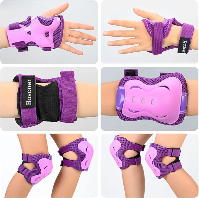 BOSONER Knee Pads for Kids Roller-Skating: Adjustable Protective Gear Set Knee Elbow Pads Wrist Guards for Bike Cycling Skateboarding Scooter Gifts 3-8/9-15 Years Boys Girls