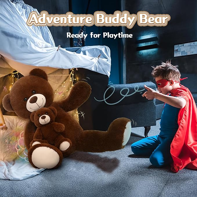 MorisMos Mom and Baby Giant Teddy Bear, 39inch Large Teddy Bears Stuffed Animal Plush for Baby Shower, Dark Brown