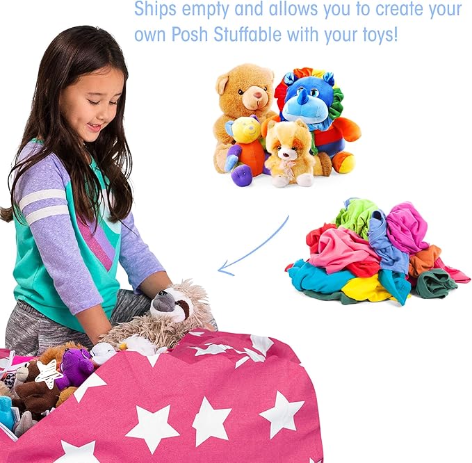 Posh Creations Kids Stuffed Animal Storage Bean Bag Chair Cover - Childrens Toy Organizer, Large-38in, Canvas White Stars on Pink