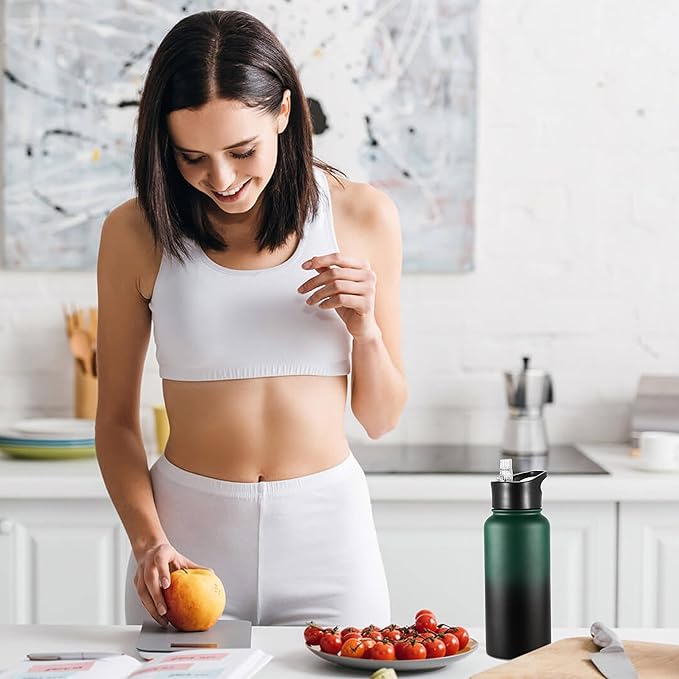 VEGOND 32 oz Insulated Water Bottle Stainless Steel Metal Water Bottles with Leak Proof Straw Lid & Spout Lid, Wide Mouth Double Walled Vacuum Travel Sports Bottle, Dark Green Black