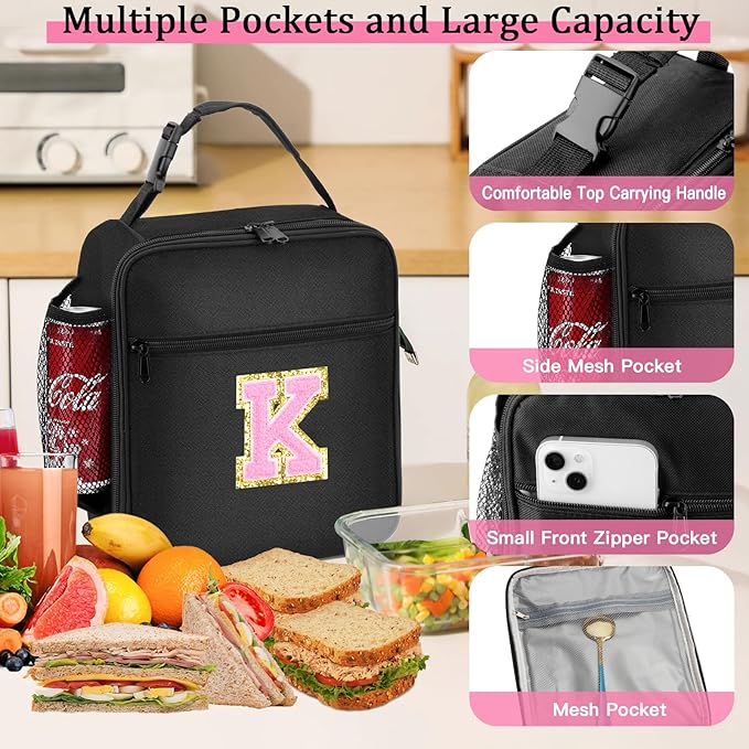 Initial Insulated Lunch Bag, Lunch Box with Initial Letter Patch for Teen Adult, Reusable Lunch Bag for Men Women, Ideal Back to School Gift Birthday Gift, Pink K