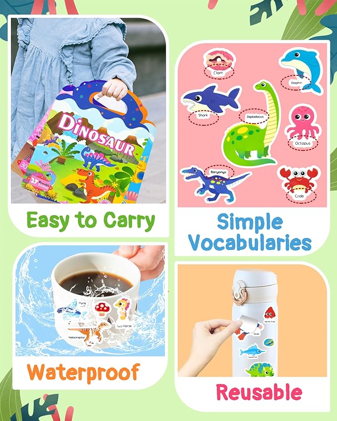 Benresive Reusable Sticker Book for Toddlers 2-4 Years, 3 Sets Travel Stickers for Kids, Waterproof Sticker Books for Toddlers 1-3, Crafts Activities for Todddlers 1-3 2-4 3-5