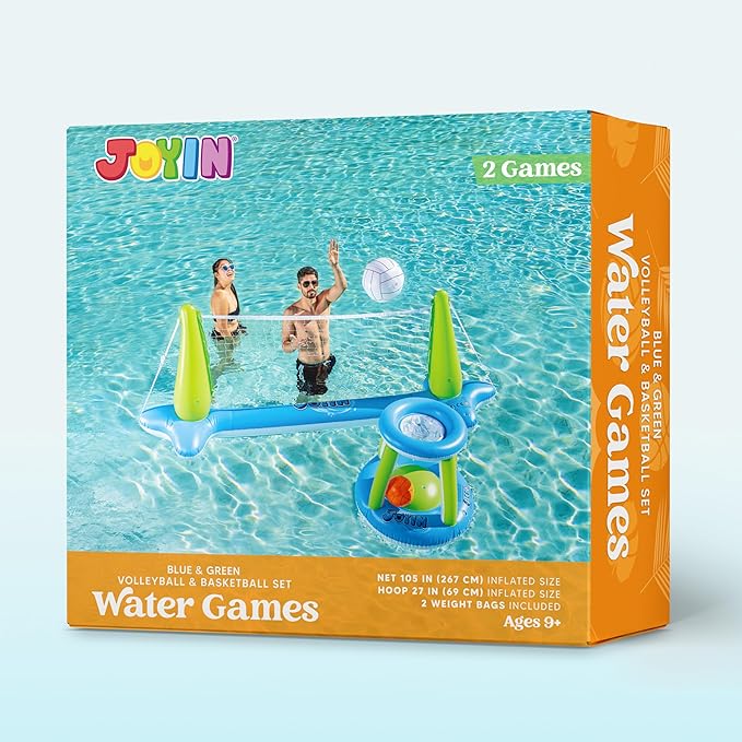 JOYIN Inflatable Volleyball Net & Basketball Hoops Pool Float Set; Balls Included for Kids and Adults, Summer Pool Game, Floaties, Volleyball Court (105”x28”x38”) Basketball (27.6”x23”),Green,Blue
