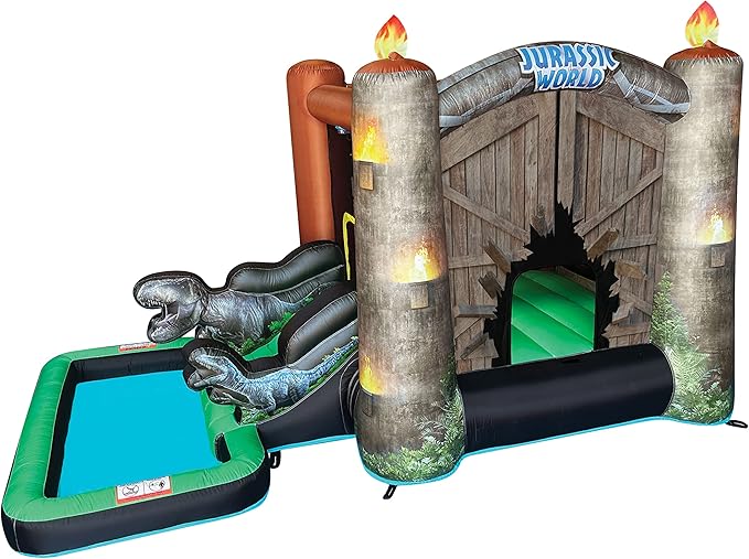 Funormous Jurassic World Dinosaur Bounce House with Slide, Ball Pit & Pool – Indoor/Outdoor Inflatable Castle with GFCI Air Blower for Kids Ages 3–8