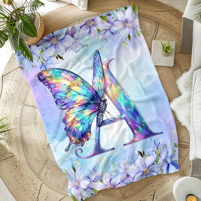 Monogram Blankets for Adults, Initial Letter Blanket for Girls, 80 x 60 Inches Butterfly Throw, Gift for Butterfly Lovers, Cozy Warm Flannel Throw for Bed, Sofa Living Room